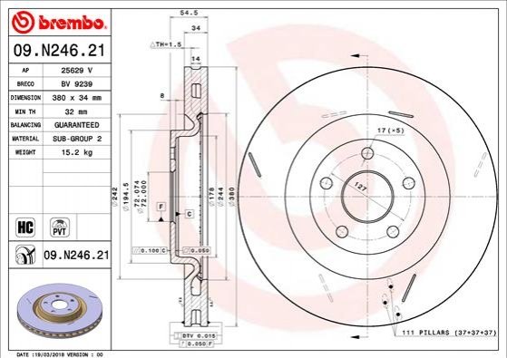 Диск гальмівний передній 380мм — артикул 09N24621 — BREMBO — запчастина Jeep — купити в Україні Jeep.in.ua
